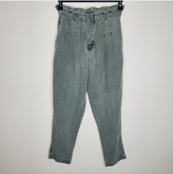 Free People Margate Olive Green High Rise Paperbag Pleated Trouser Pants - Picture 5 of 12